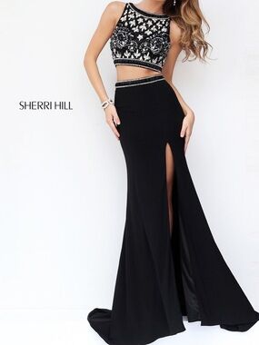 Sherri Hill Black Embellished Two-Piece Gown Prom Pagent Formal Beaded